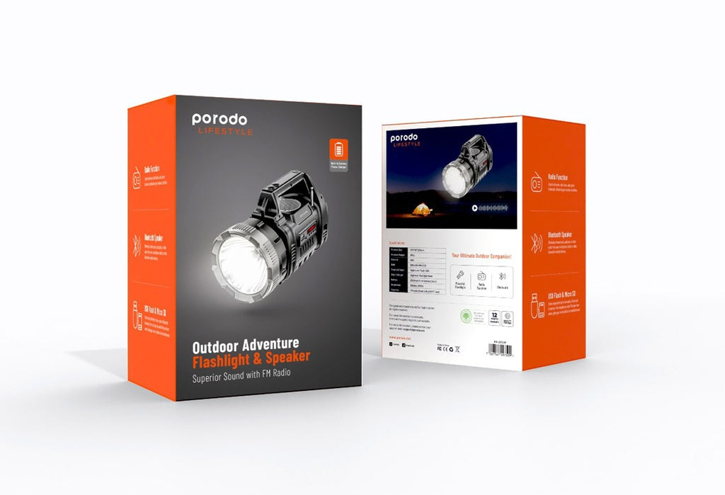 كشاف بورودو لايف ستايل الخارجي 3 في 1 مع راديو FM ومكبر صوت بلوتوث بقدرة 10 واط - اسود/رمادي | Porodo LifeStyle Outdoor 10W 3 in 1 Flashlight with FM Radio and Bluetooth Speaker - Black/Grey