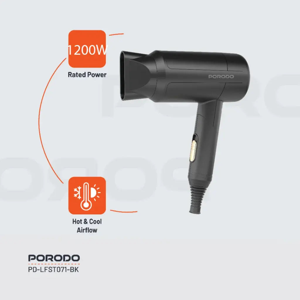 بورودو لايف ستايل مجفف شعر قابل للطي بقدرة 1200 واط وكيبل بطول 1.8 متر - اسود | Porodo Lifestyle 1200W Foldable Hair Dryer 1.8M Cable - Black.