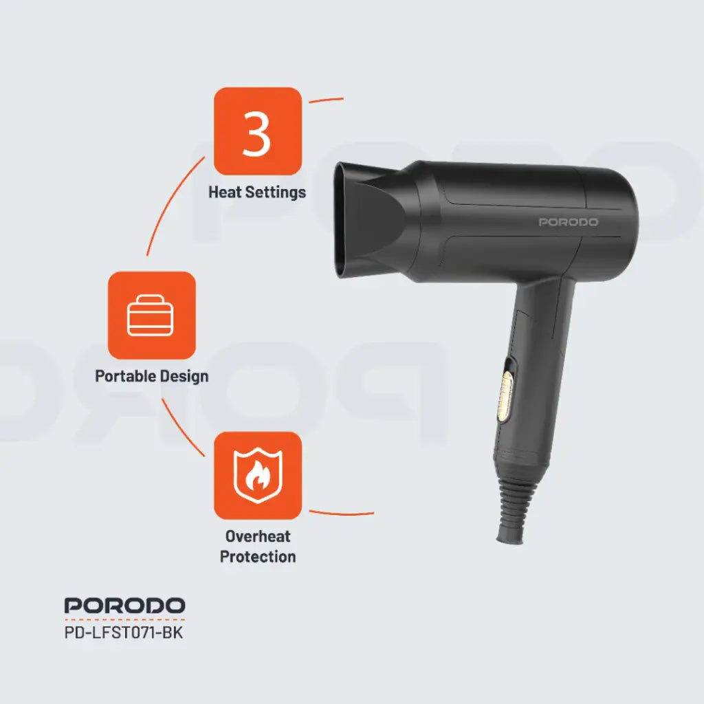 بورودو لايف ستايل مجفف شعر قابل للطي بقدرة 1200 واط وكيبل بطول 1.8 متر - اسود | Porodo Lifestyle 1200W Foldable Hair Dryer 1.8M Cable - Black.