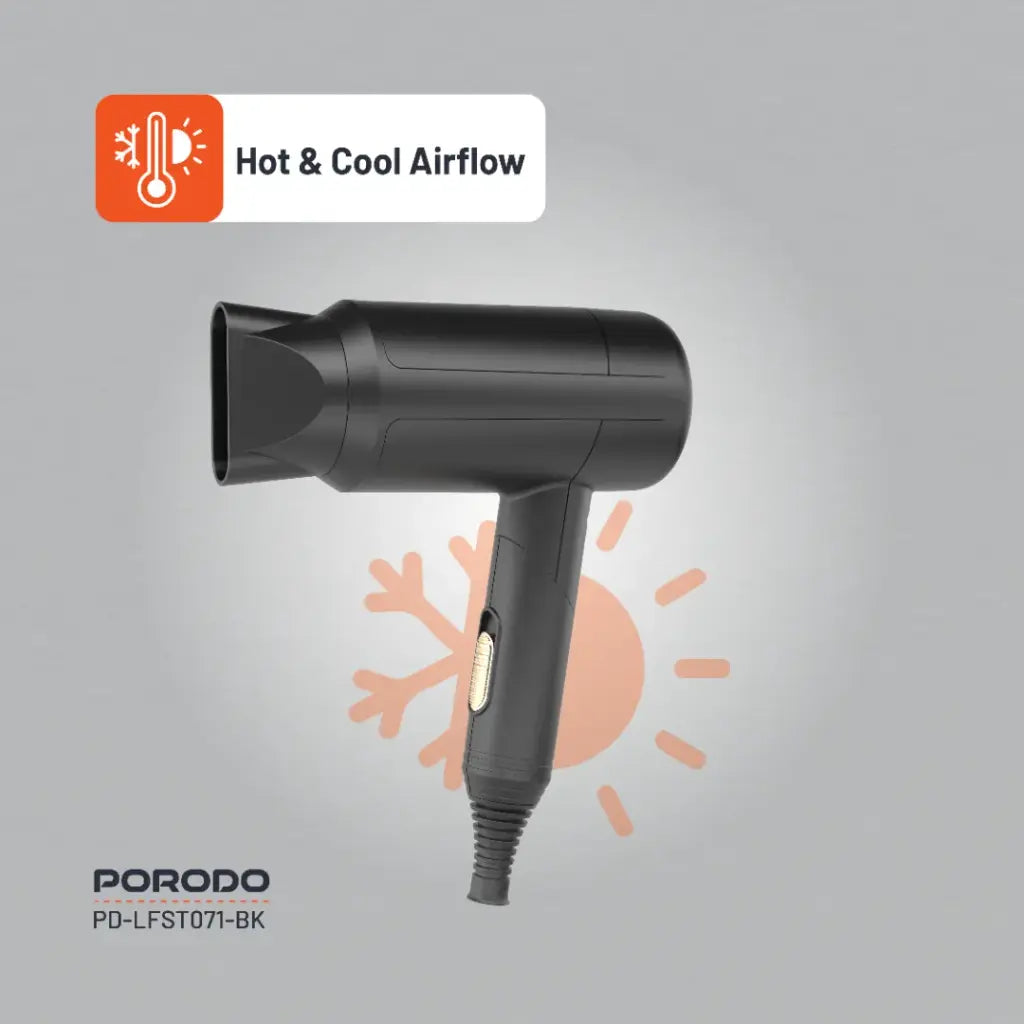 بورودو لايف ستايل مجفف شعر قابل للطي بقدرة 1200 واط وكيبل بطول 1.8 متر - اسود | Porodo Lifestyle 1200W Foldable Hair Dryer 1.8M Cable - Black.