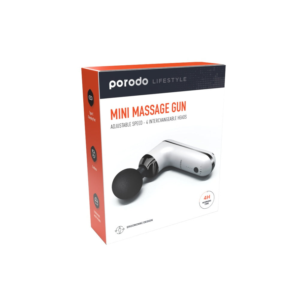 بورودو لايف ستايل مسدس تدليك صغير 12 فولت بسرعات متعددة وبطارية بسعة 2000 مللي امبير - ابيض | Porodo Lifestyle 12V Varying Speed Mini Massage Gun With USB-C Port 2000mAh - White.