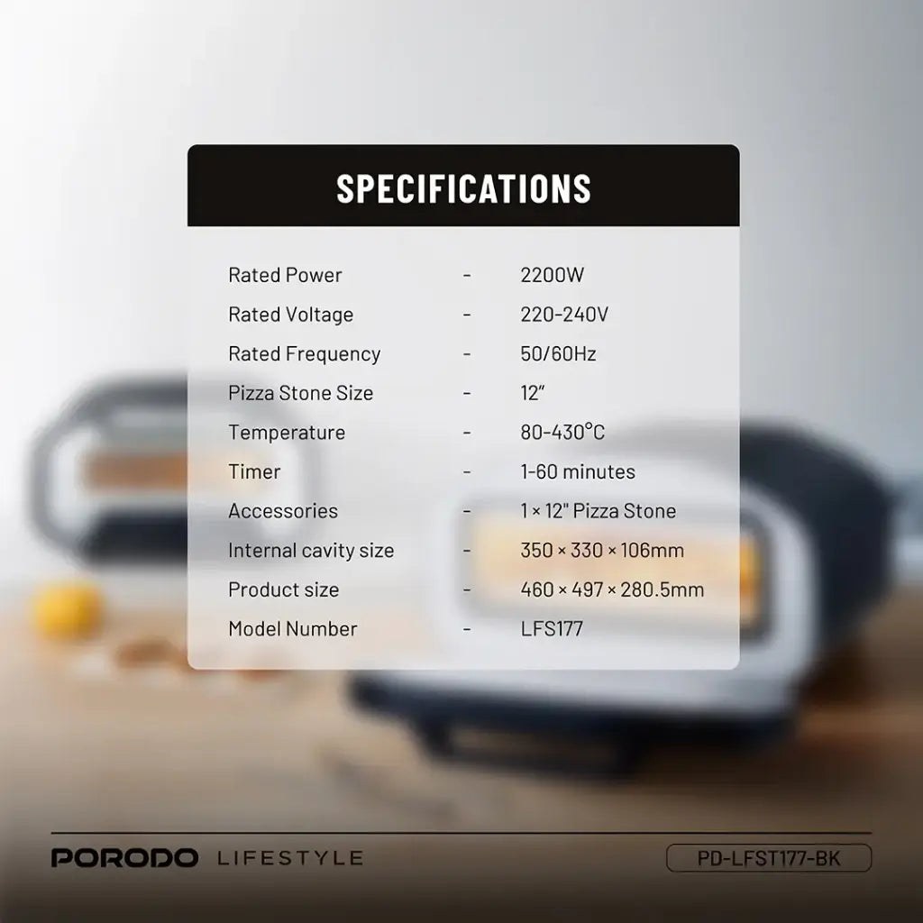 فرن بيتزا كهربائي بحجم 12 انش وقدرة 2200 واط من بورود لايف ستايل - اسود | Porodo Lifestyle 12" Indoor Electric Pizza Oven – 2200W - Black