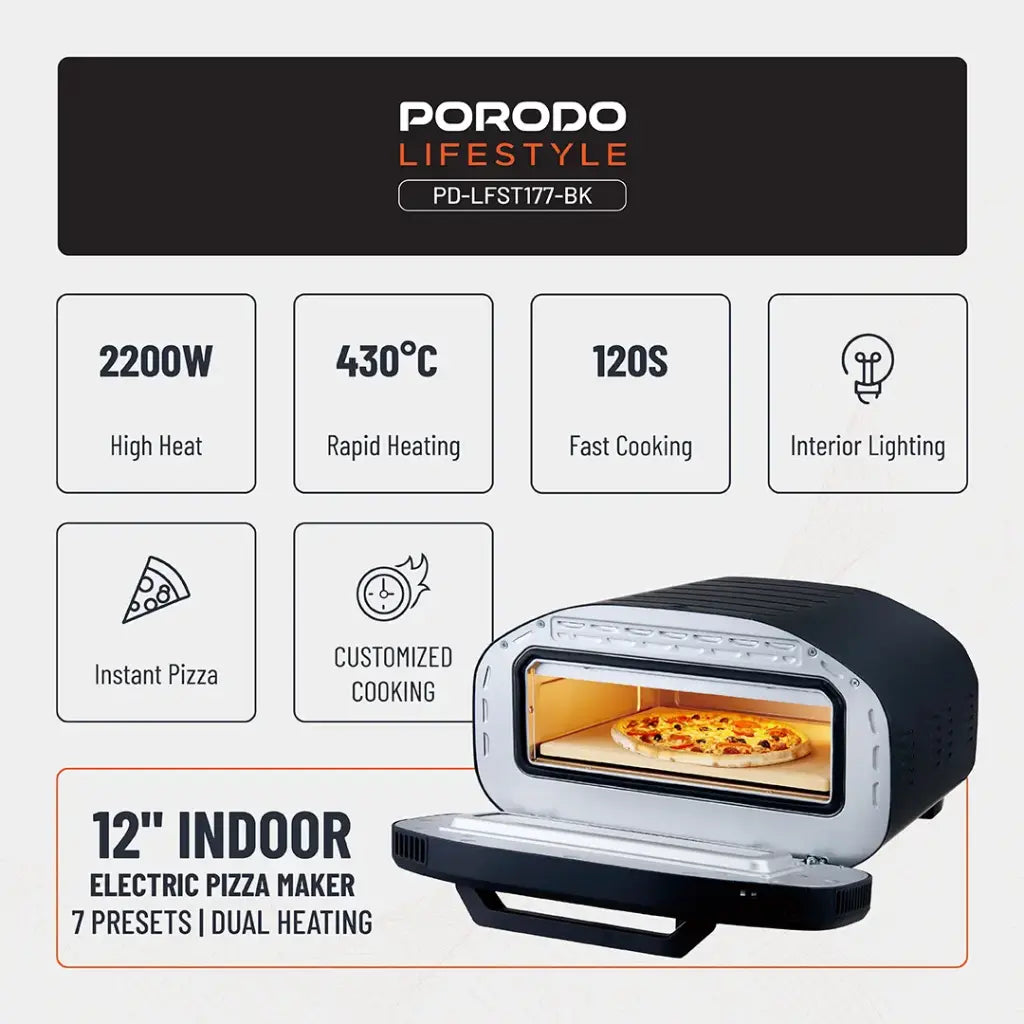 فرن بيتزا كهربائي بحجم 12 انش وقدرة 2200 واط من بورود لايف ستايل - اسود | Porodo Lifestyle 12" Indoor Electric Pizza Oven – 2200W - Black