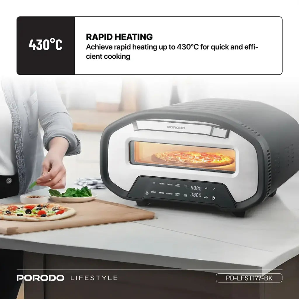 فرن بيتزا كهربائي بحجم 12 انش وقدرة 2200 واط من بورود لايف ستايل - اسود | Porodo Lifestyle 12" Indoor Electric Pizza Oven – 2200W - Black