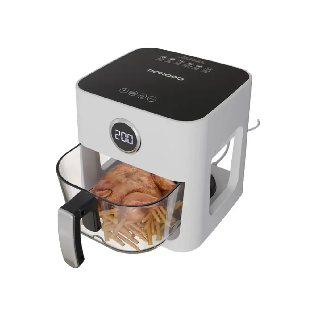 قلاية هوائية بورودو لايف ستايل بسعة 5 لتر, تحكم باللمس وزجاج بانورامي - ابيض | Porodo Lifestyle 5L Touch Swivel Air Fryer with Panoramic Glass View – White.
