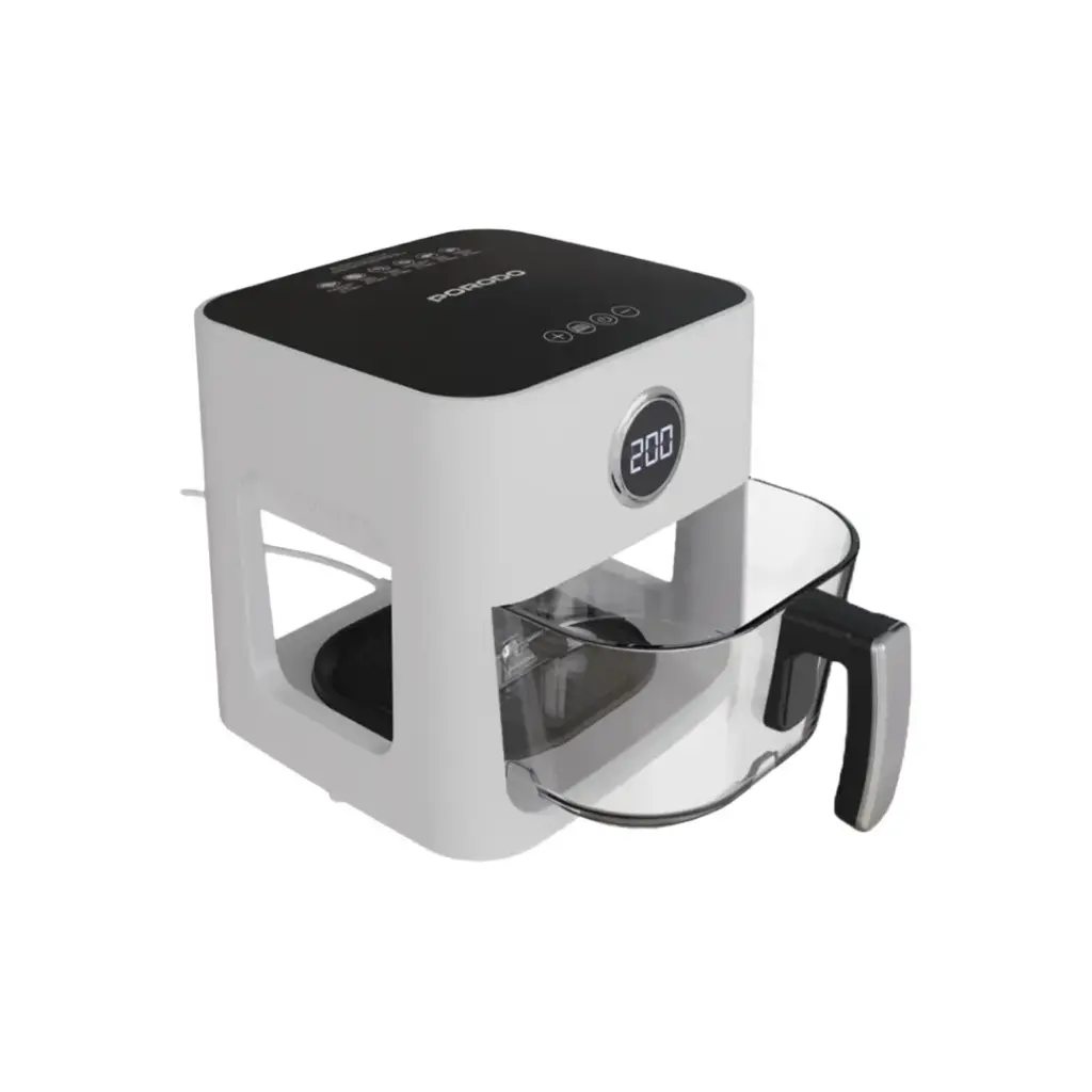 قلاية هوائية بورودو لايف ستايل بسعة 5 لتر, تحكم باللمس وزجاج بانورامي - ابيض | Porodo Lifestyle 5L Touch Swivel Air Fryer with Panoramic Glass View – White.