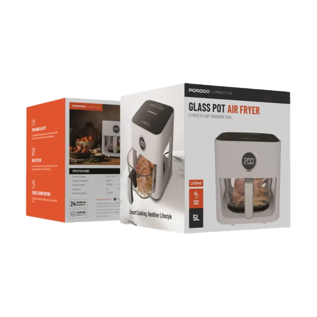 قلاية هوائية بورودو لايف ستايل بسعة 5 لتر, تحكم باللمس وزجاج بانورامي - ابيض | Porodo Lifestyle 5L Touch Swivel Air Fryer with Panoramic Glass View – White.