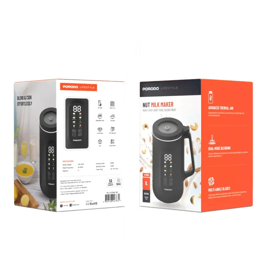 جهاز لصناعة المشروبات الساخنة والباردة من بورودو لايف ستايل, بقدرة 800 واط وسعة 1000 مل مع شاشة رقمية - اسود | Porodo Lifestyle 800W Auto Hot and Cold Drink Maker 1000ml with Digital Display - Black