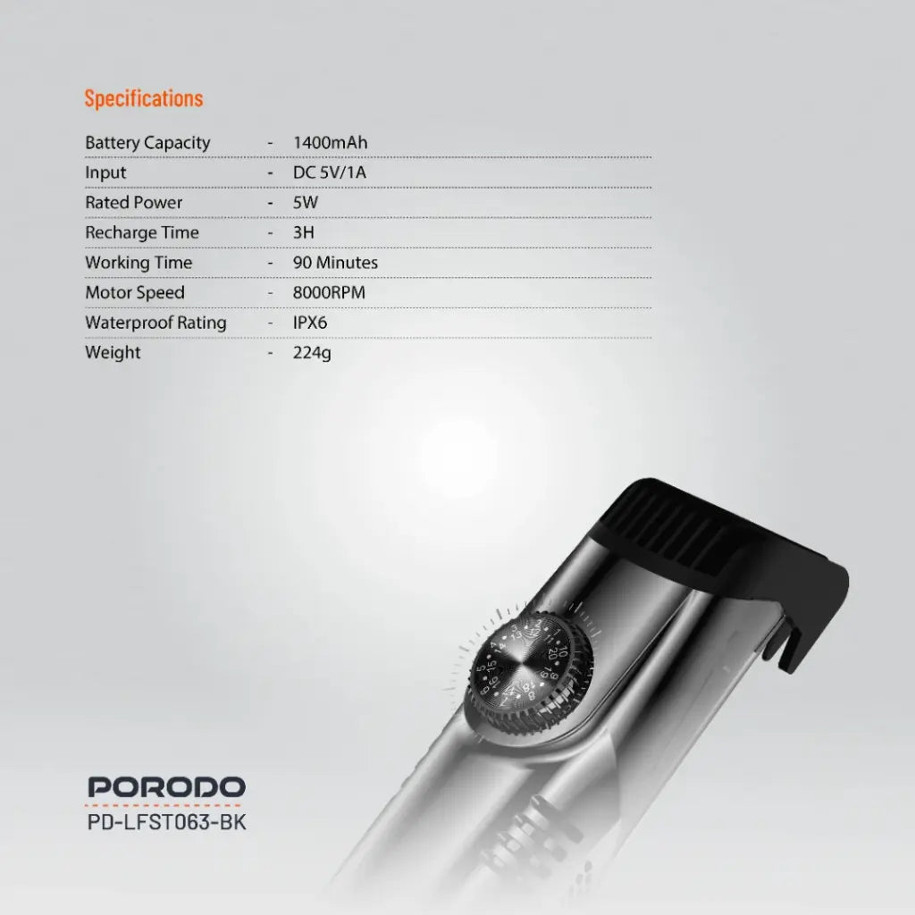 ماكينة حلاقة مزدوجة بورودو مقاومة للماء مع تقنية الشفط الهوائي قابلة للشحن ببطارية 1400 مللي امبير - رمادي | Porodo Lifestyle Waterproof Dual Rechargeable Vacuum Trimmer 1400mAh - Black