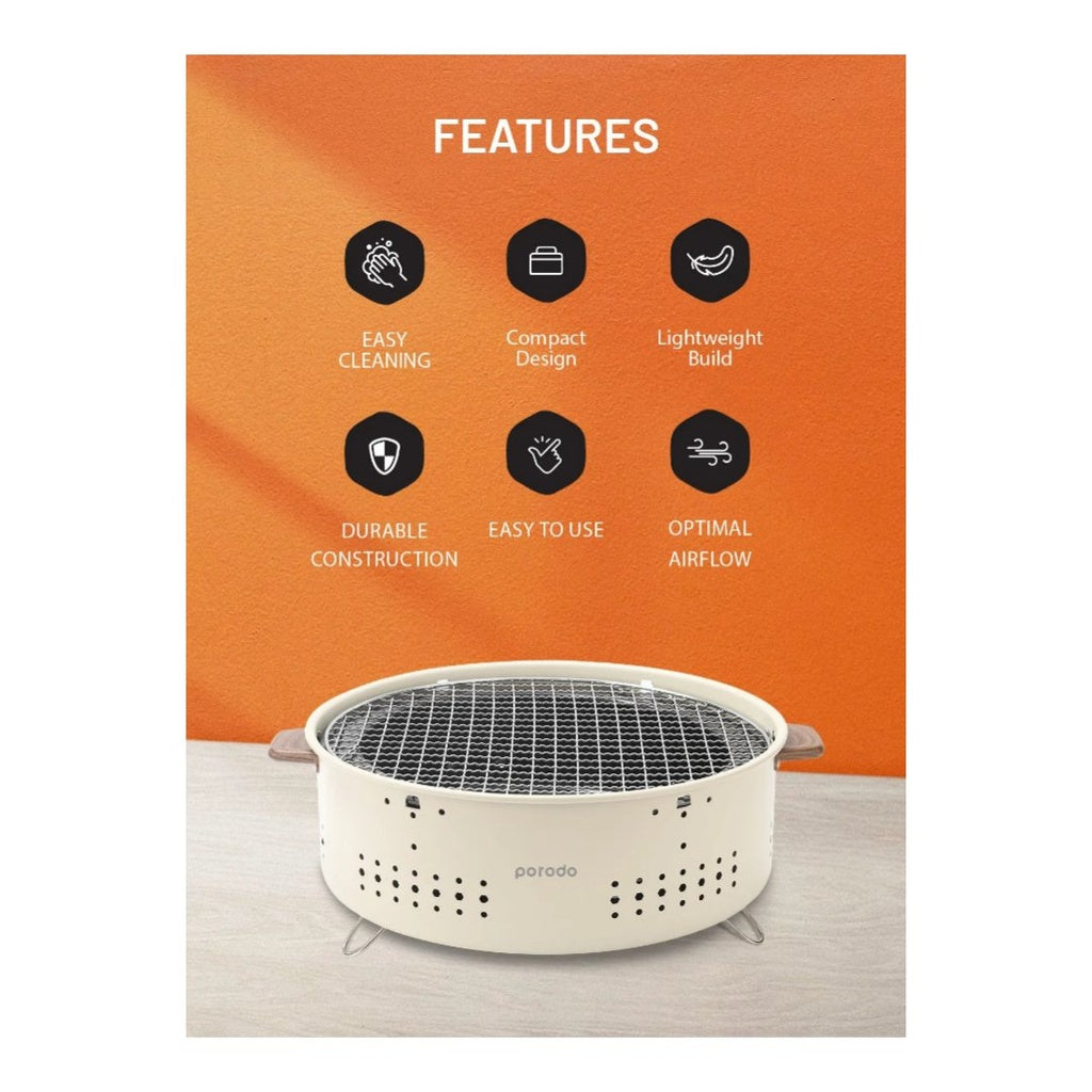 شواية بورودو لايف ستايل الصغيرة للشواء الخارجي - بني فاتح | Porodo Lifestyle Camping Mini Outdoor Round BBQ/Charcoal Grill - Light Brown