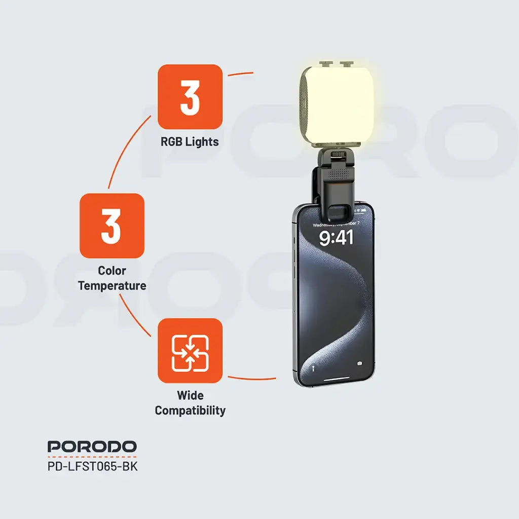 ضوء محمول للهاتف قابل للتعديل من بورودو لايف ستايل, اضائة احترافية للصور والفيديو | Porodo Lifestyle Portable Pocket Adjustable RGB Fill Light 360°
