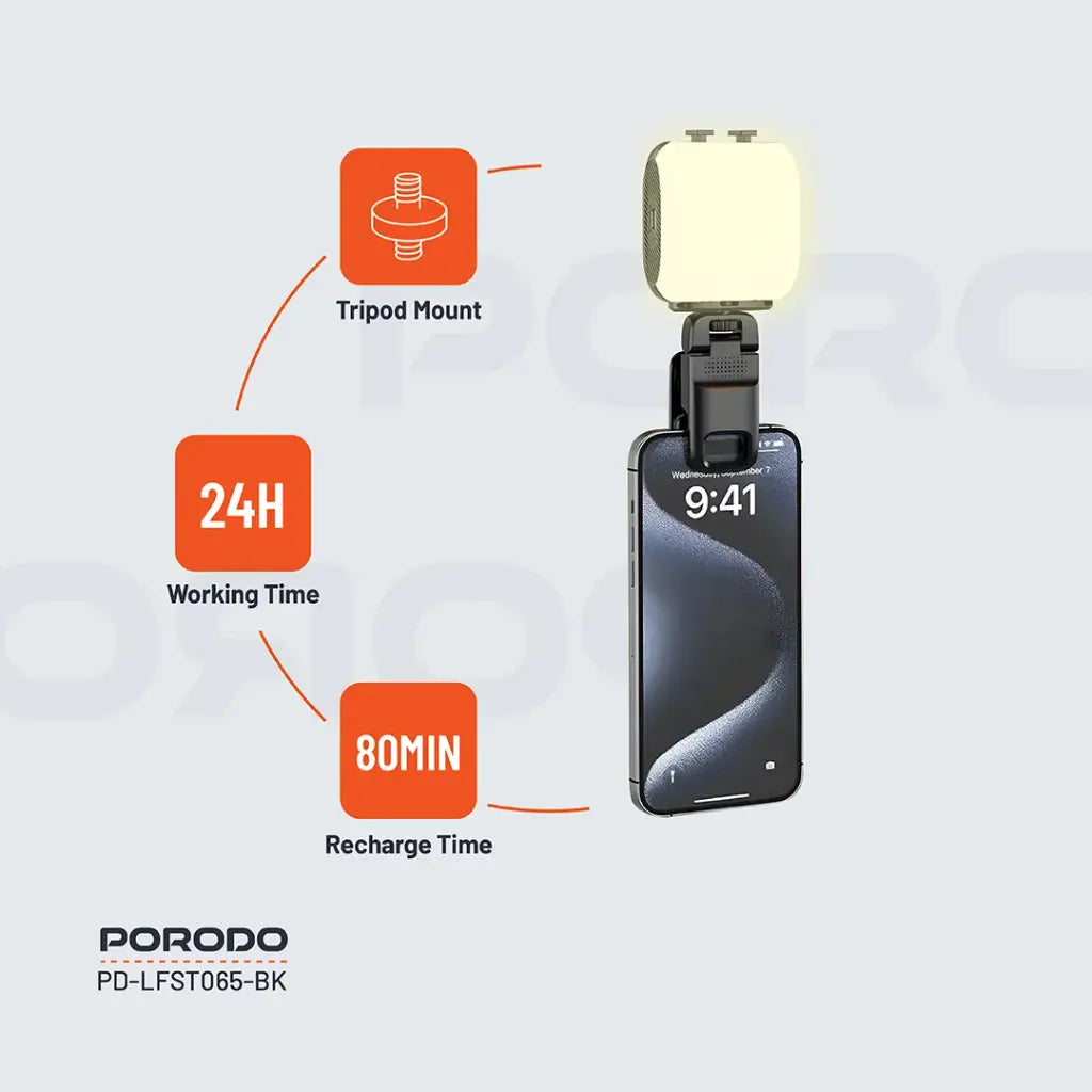 ضوء محمول للهاتف قابل للتعديل من بورودو لايف ستايل, اضائة احترافية للصور والفيديو | Porodo Lifestyle Portable Pocket Adjustable RGB Fill Light 360°