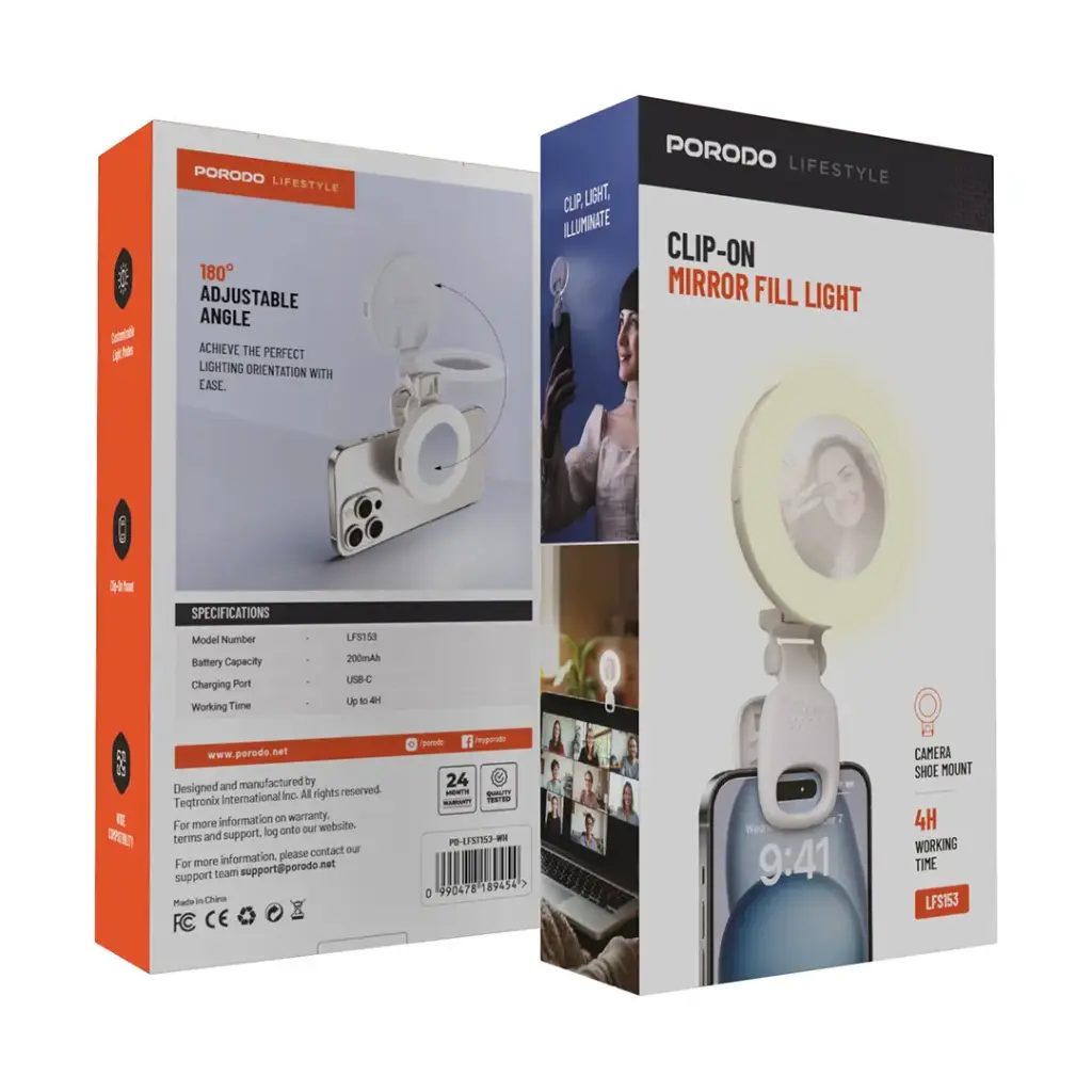 اضائة مرآة سيلفي محمولة وقابلة للطي مع مشبك من بورودو لايف ستايل - ابيض | Porodo Lifestyle Portable Mini Selfie Mirror Ring Light Foldable Clip – White