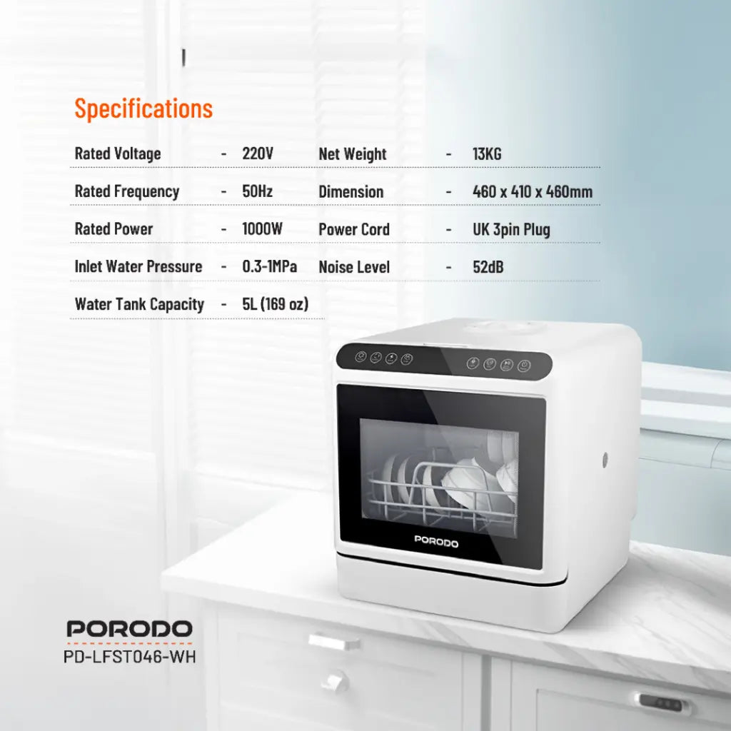 غسالة اطباق 220 فولت من بورودو لايف ستايل - ابيض | Porodo Lifestyle Dishwasher 220V - White