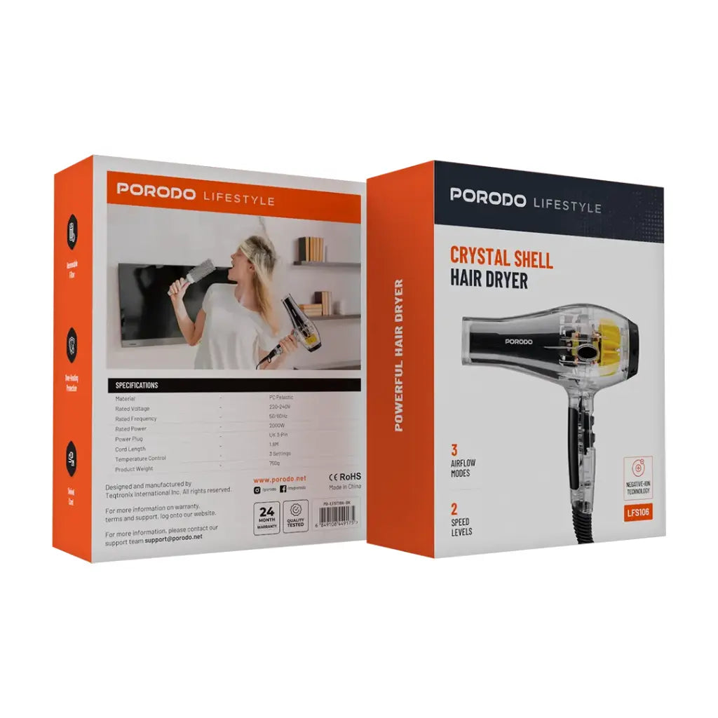 مجفف شعر بهيكل شفاف من بورودو لايف ستايل, بقدرة 2000 واط - اسود | Porodo Lifestyle 2000W Transparent Hair Dryer - Black