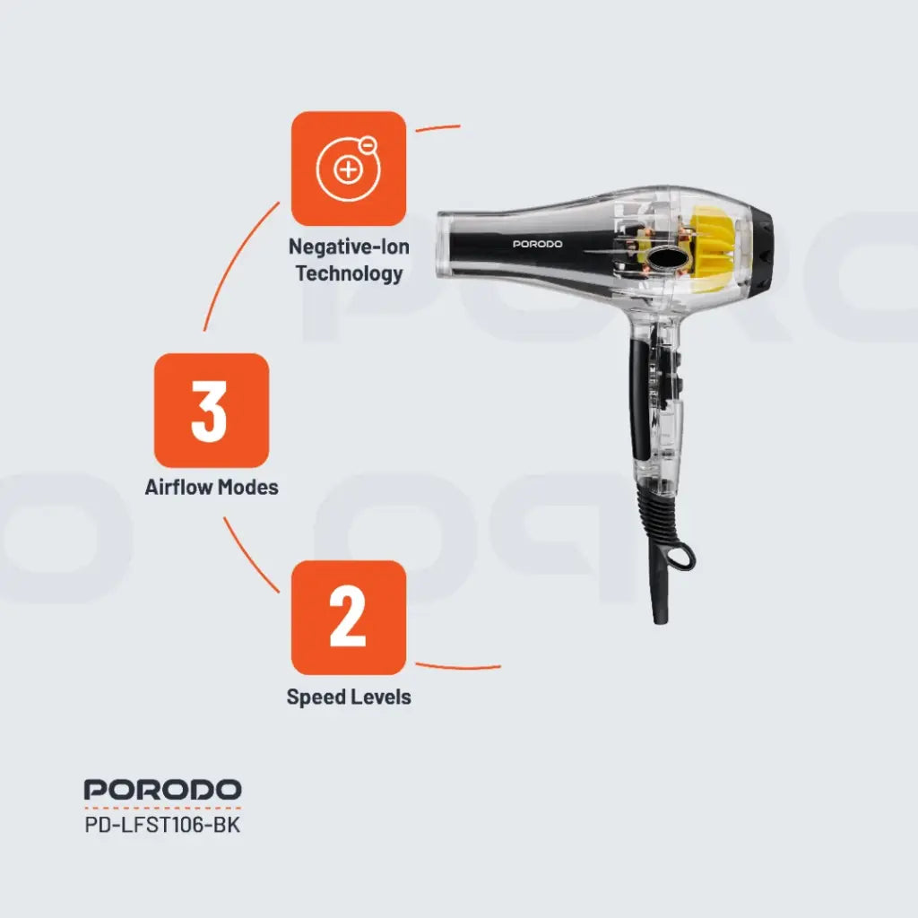 مجفف شعر بهيكل شفاف من بورودو لايف ستايل, بقدرة 2000 واط - اسود | Porodo Lifestyle 2000W Transparent Hair Dryer - Black