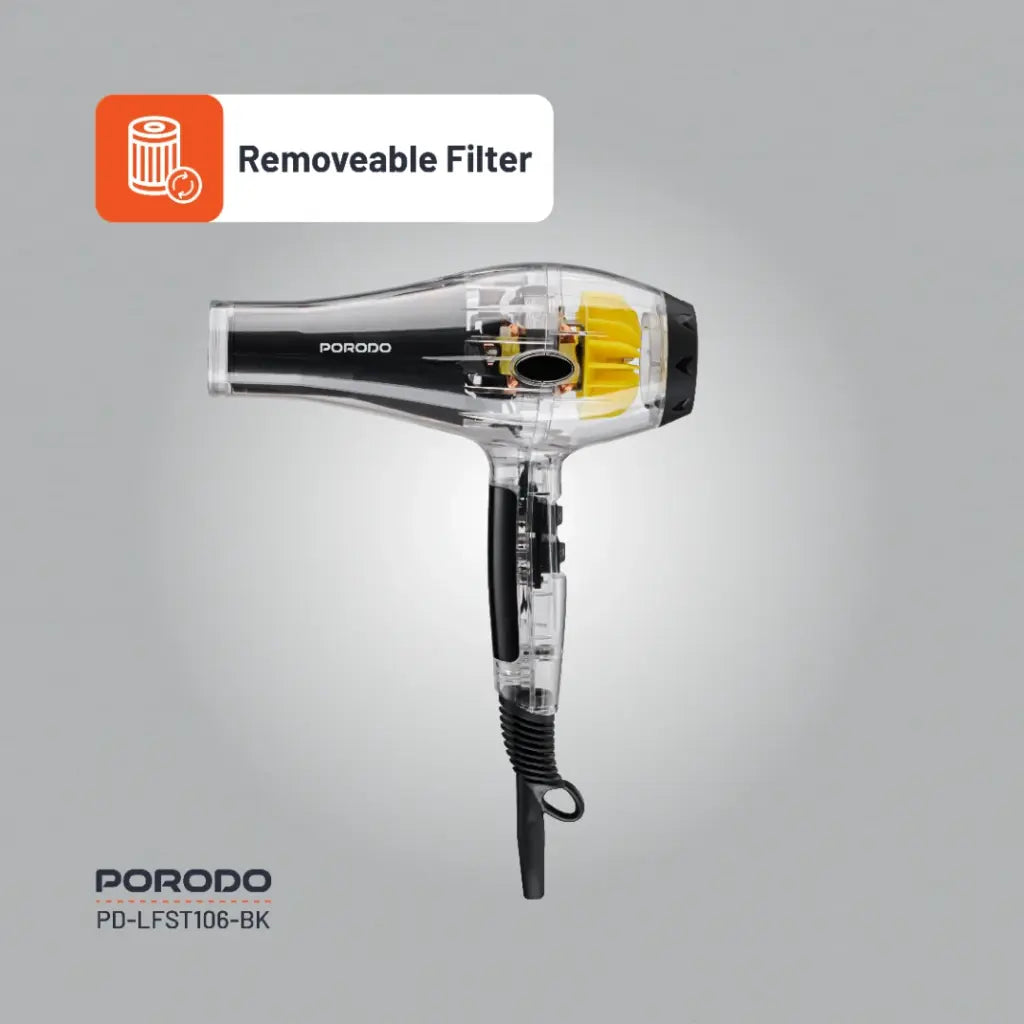 مجفف شعر بهيكل شفاف من بورودو لايف ستايل, بقدرة 2000 واط - اسود | Porodo Lifestyle 2000W Transparent Hair Dryer - Black