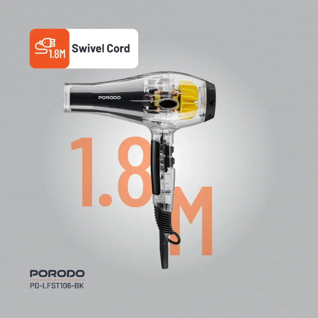 مجفف شعر بهيكل شفاف من بورودو لايف ستايل, بقدرة 2000 واط - اسود | Porodo Lifestyle 2000W Transparent Hair Dryer - Black