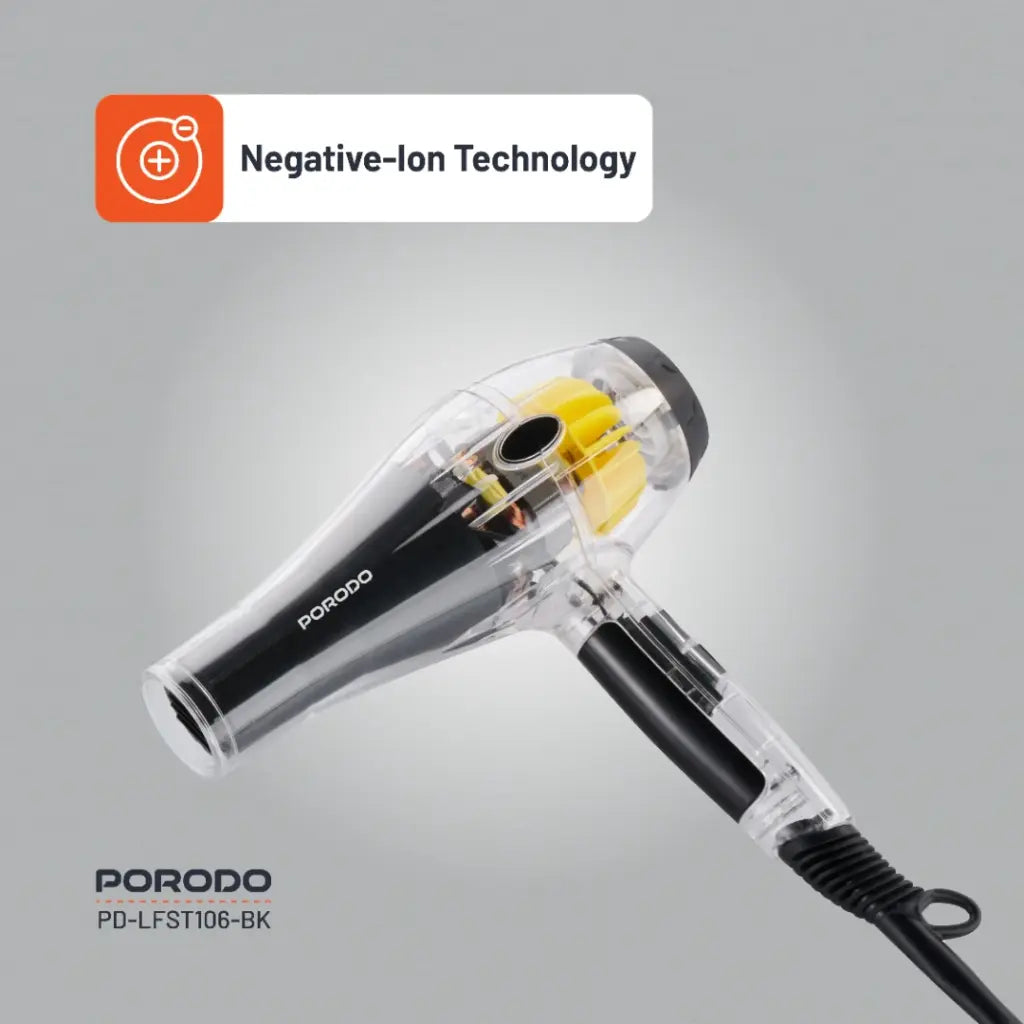 مجفف شعر بهيكل شفاف من بورودو لايف ستايل, بقدرة 2000 واط - اسود | Porodo Lifestyle 2000W Transparent Hair Dryer - Black