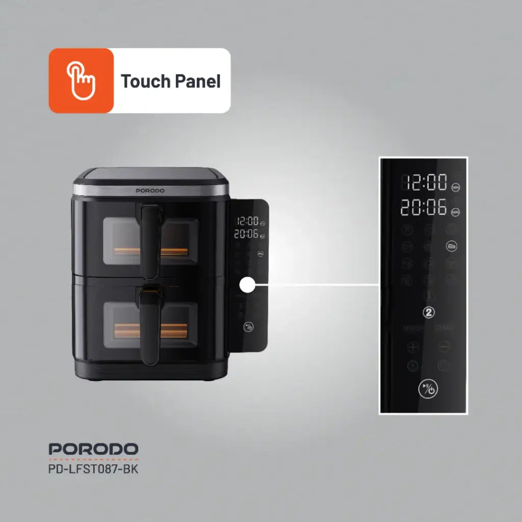 قلاية هوائية مزدوجة من بورودو لايف ستايل بقدرة 2800 واط  وسعة 11 لتر مع نوافذ شفافة - اسود | Porodo Lifestyle 2800W 2-Stack Air Fryer with Transparent Windows - Black