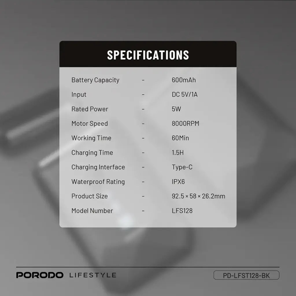 ماكينة حلاقة محمولة مقاومة للماء IPX7 من بورودو لايف ستايل - اسود | Porodo Lifestyle IPX7 Portable Travel Shaver 600mAh - Black
