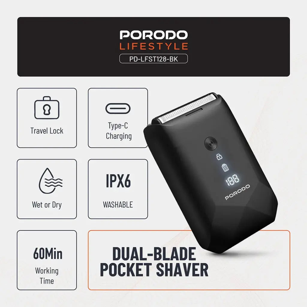 ماكينة حلاقة محمولة مقاومة للماء IPX7 من بورودو لايف ستايل - اسود | Porodo Lifestyle IPX7 Portable Travel Shaver 600mAh - Black