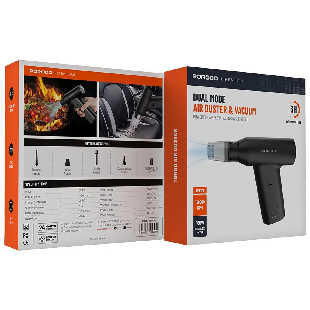 منفاخ ومكنسة هواء مزدوجة من بورودو لايف ستايل - اسود | Porodo Lifestyle Dual Mode Air Duster & Vacuum - Black