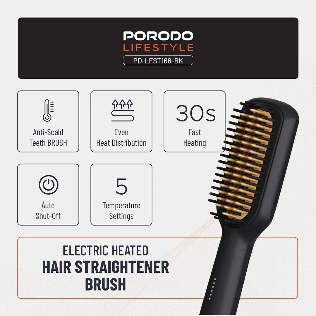 فرشاة بورودو لايف ستايل الكهربائية لفرد الشعر, بقدرة 30 واط | Porodo Lifestyle 30W Hair Straightening Brush.