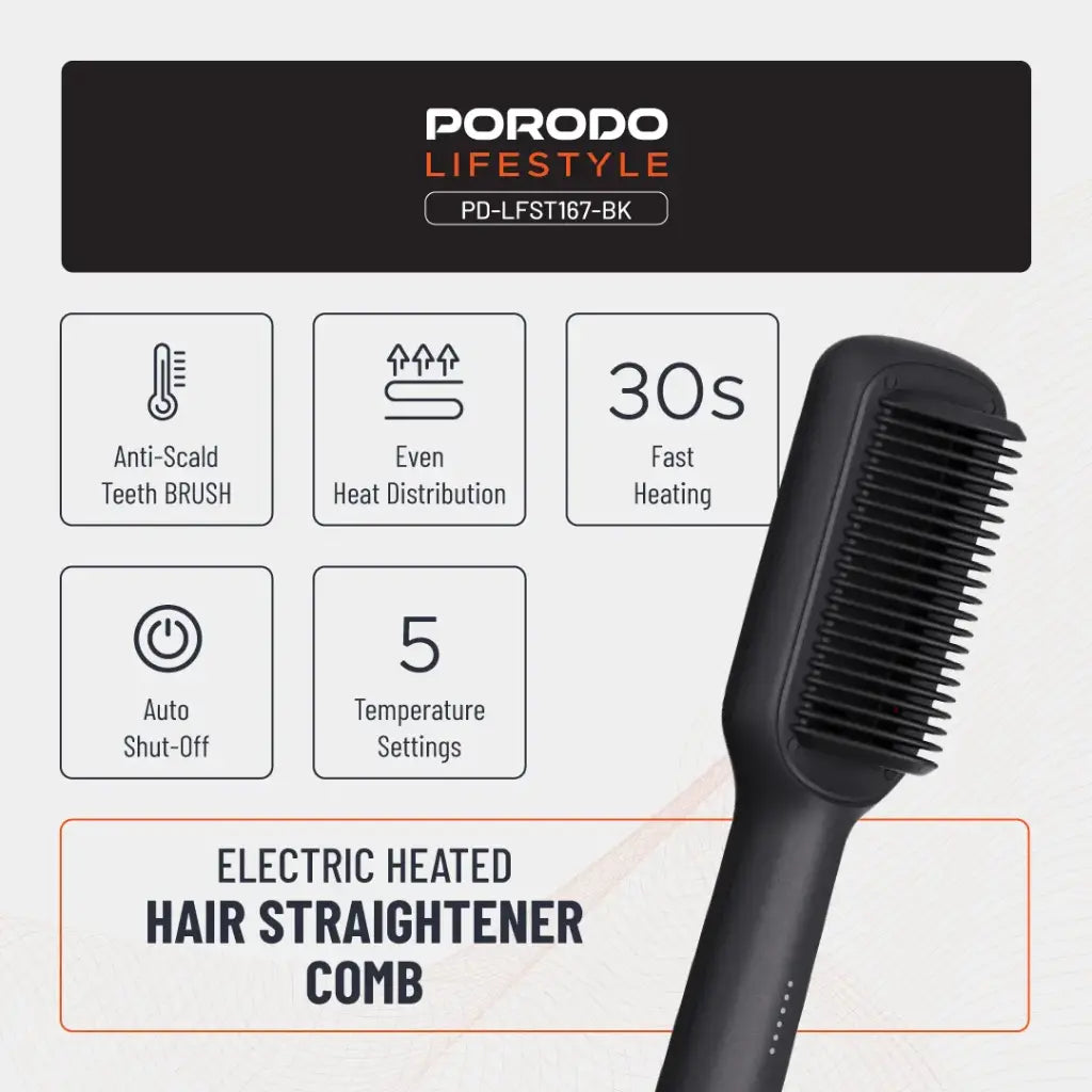فرشاة تصفيف الشعر الكهربائية بورودو لايف ستايل, بقدرة 33 واط - اسود | Porodo Lifestyle 33W Mini Hair Styling Brush - Black.