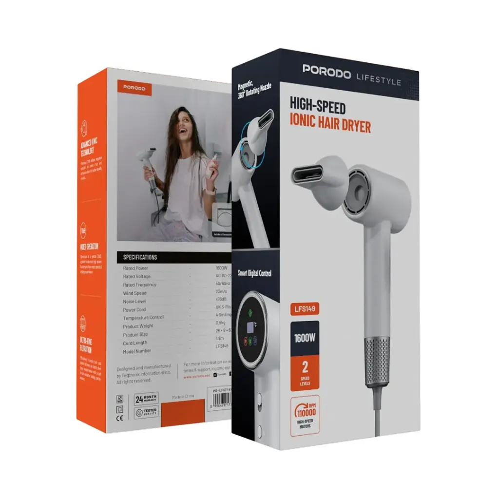 مجفف شعر رقمي بقدرة 1600 واط من بورودو لايف ستايل, مع اوضاع وسرعات قابلة للتعديل - ابيض | Porodo Lifestyle 1600W Digital Hair Dryer with Adjustable Mode & Speed - White