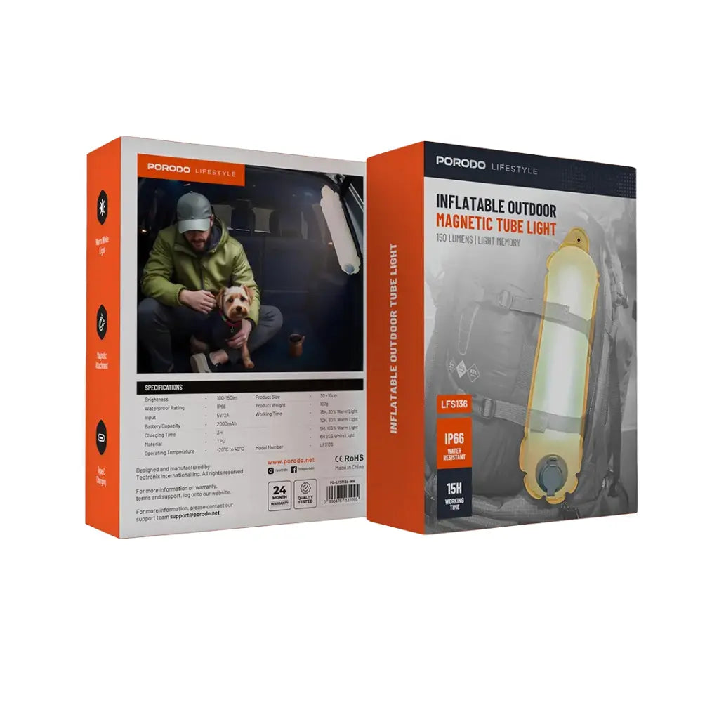 مصباح انبوبي خارجي قابل للنفخ مغناطيسي من بورودو لايف ستايل - ابيض | Porodo Lifestyle Inflatable Outdoor Magnetic Tube Light - White