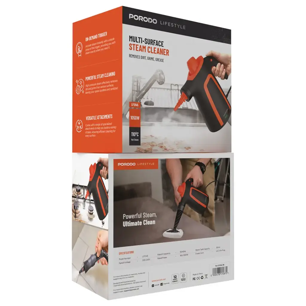 جهاز بخار لتنظيف متعدد الاسطح بقدرة 1050 واط من بورودو لايف ستايل - اسود | Porodo Lifestyle 1050W Detergent Steam Cleaner – Black