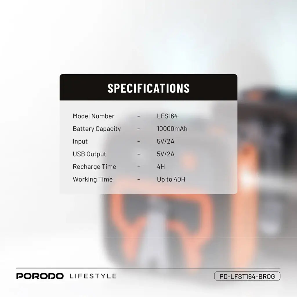 مروحة خصر مع كشاف من بورودو, بطارية بسعة 10000 مللي امبير - بني/برتقالي | Porodo Waist Fan with Mount Flashlight 10000mAh Battery - Brown/Orange