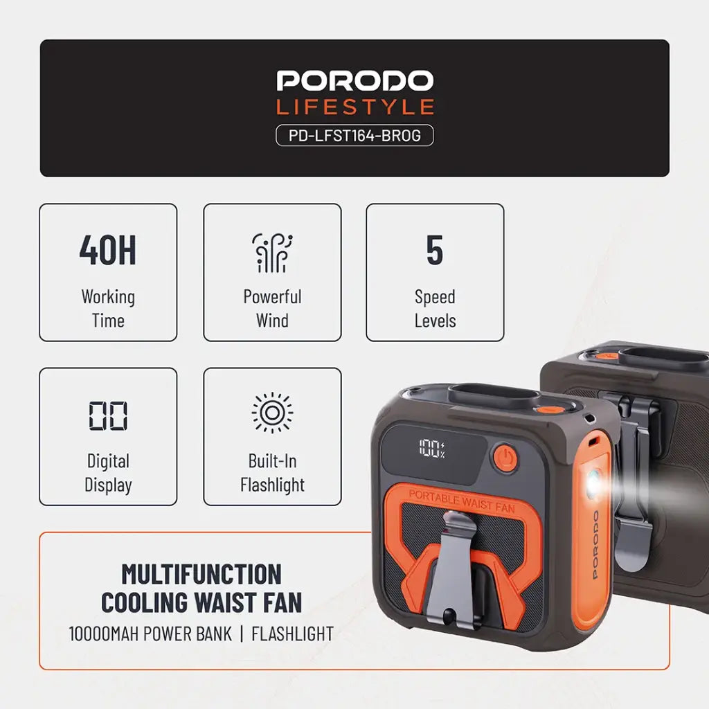 مروحة خصر مع كشاف من بورودو, بطارية بسعة 10000 مللي امبير - بني/برتقالي | Porodo Waist Fan with Mount Flashlight 10000mAh Battery - Brown/Orange