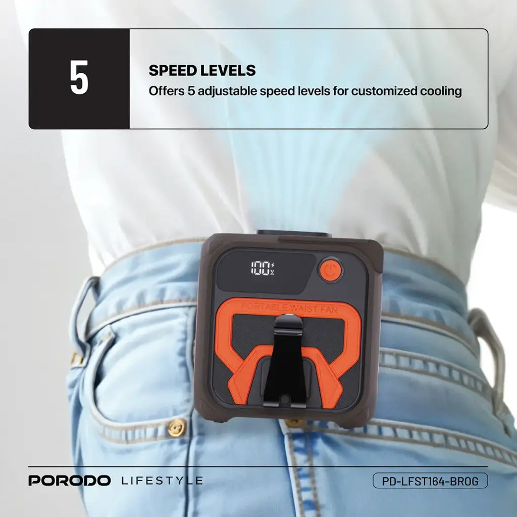 مروحة خصر مع كشاف من بورودو, بطارية بسعة 10000 مللي امبير - بني/برتقالي | Porodo Waist Fan with Mount Flashlight 10000mAh Battery - Brown/Orange