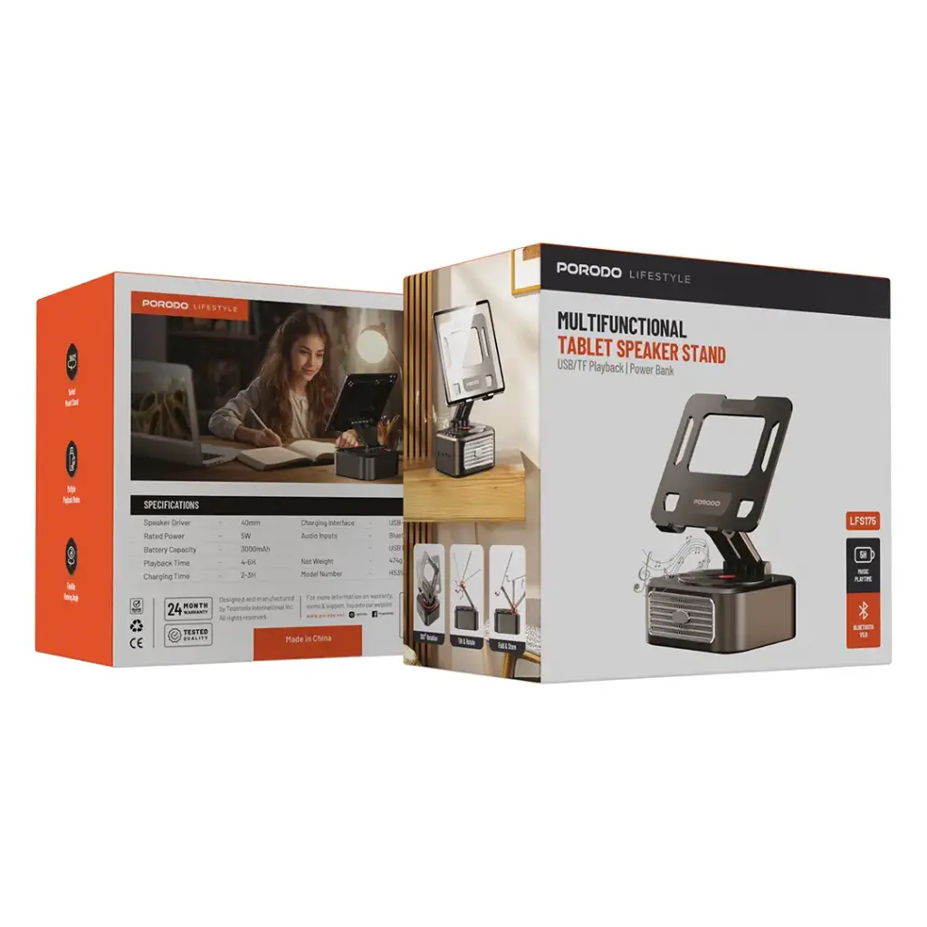 سماعة بلوتوث 5 واط مع حامل تابلت قابل للطي والدوران 360 درجة من بورودو لايف ستايل - اسود | Porodo Lifestyle 5W Bluetooth Speaker with 360° Adjustable Foldable Tablet Holder