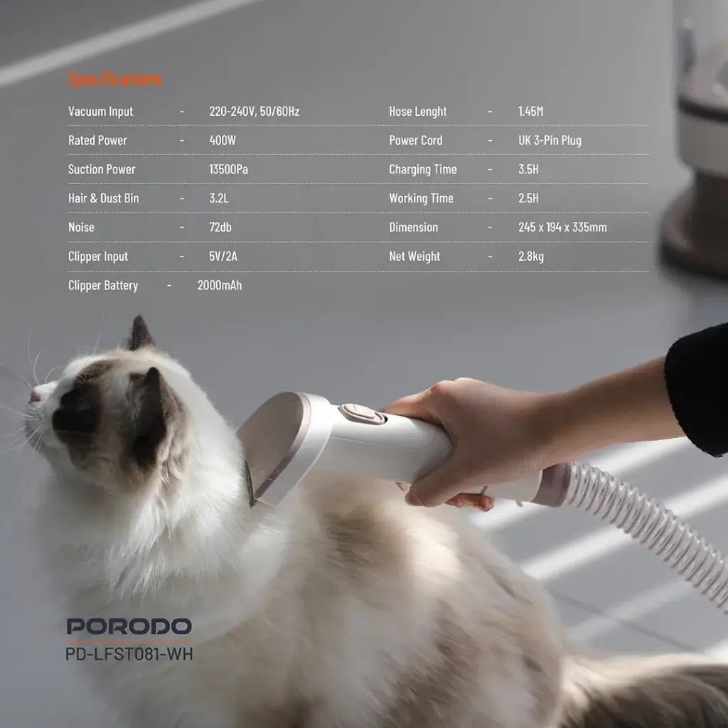 عدة العناية بالحيوانات الاليفة مع مكنسة تنظيف - ابيض | Porodo Lifestyle Pet Grooming Vacuum Cleaner - White