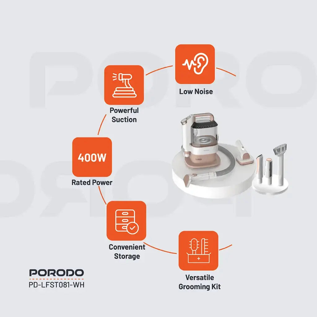 عدة العناية بالحيوانات الاليفة مع مكنسة تنظيف - ابيض | Porodo Lifestyle Pet Grooming Vacuum Cleaner - White