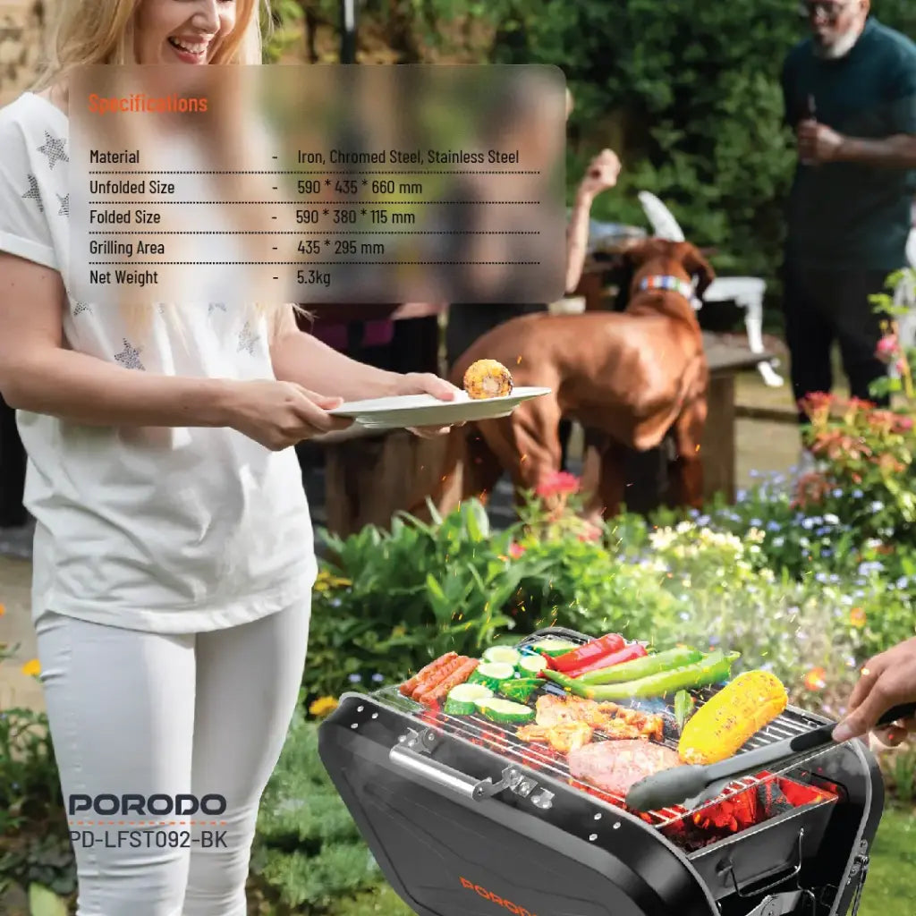 شواية بالفحم قابلة للطي مع مقبض وحامل ثلاثي من بورودو لايف ستايل - اسود | Porodo Lifestyle Foldable BBQ Grill Box with Handle and Tripod - Black