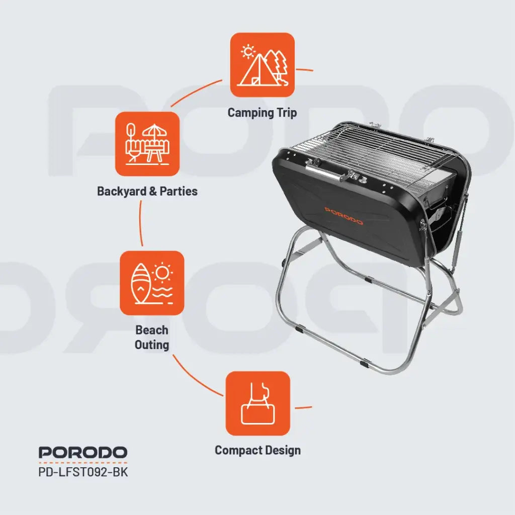 شواية بالفحم قابلة للطي مع مقبض وحامل ثلاثي من بورودو لايف ستايل - اسود | Porodo Lifestyle Foldable BBQ Grill Box with Handle and Tripod - Black