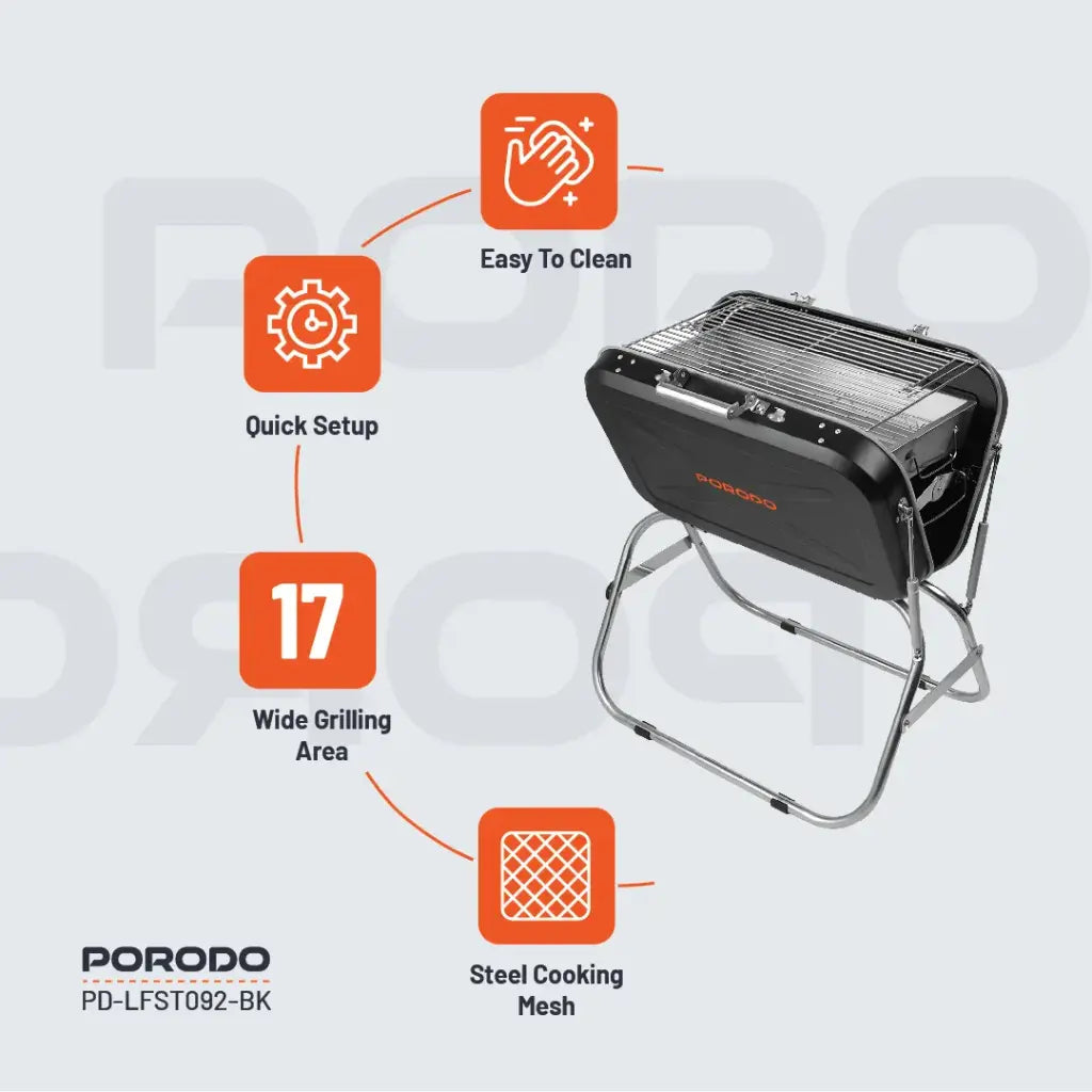 شواية بالفحم قابلة للطي مع مقبض وحامل ثلاثي من بورودو لايف ستايل - اسود | Porodo Lifestyle Foldable BBQ Grill Box with Handle and Tripod - Black