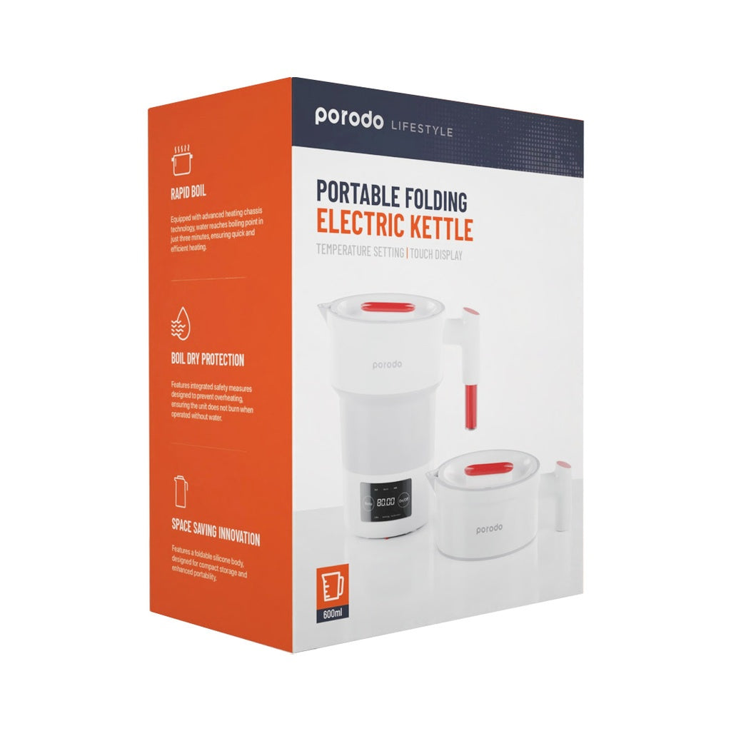 بورودو غلاية كهربائية محمولة وقابلة للطي بسعة 600 مل وقدرة 850 واط - ابيض | Porodo Lifestyle 600ml Portable and Foldable Electric Kettle 850W – White.