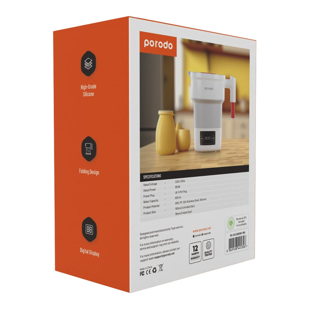 بورودو غلاية كهربائية محمولة وقابلة للطي بسعة 600 مل وقدرة 850 واط - ابيض | Porodo Lifestyle 600ml Portable and Foldable Electric Kettle 850W – White.