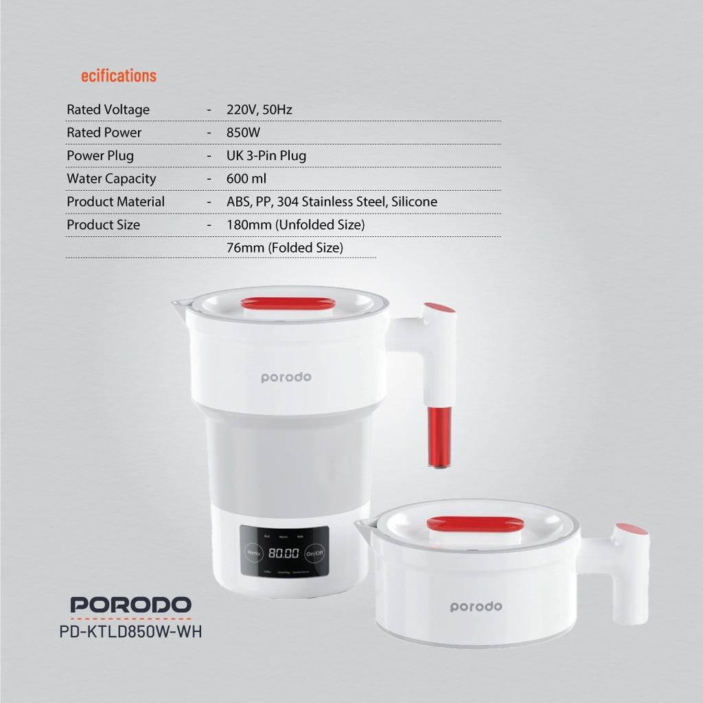 بورودو غلاية كهربائية محمولة وقابلة للطي بسعة 600 مل وقدرة 850 واط - ابيض | Porodo Lifestyle 600ml Portable and Foldable Electric Kettle 850W – White.
