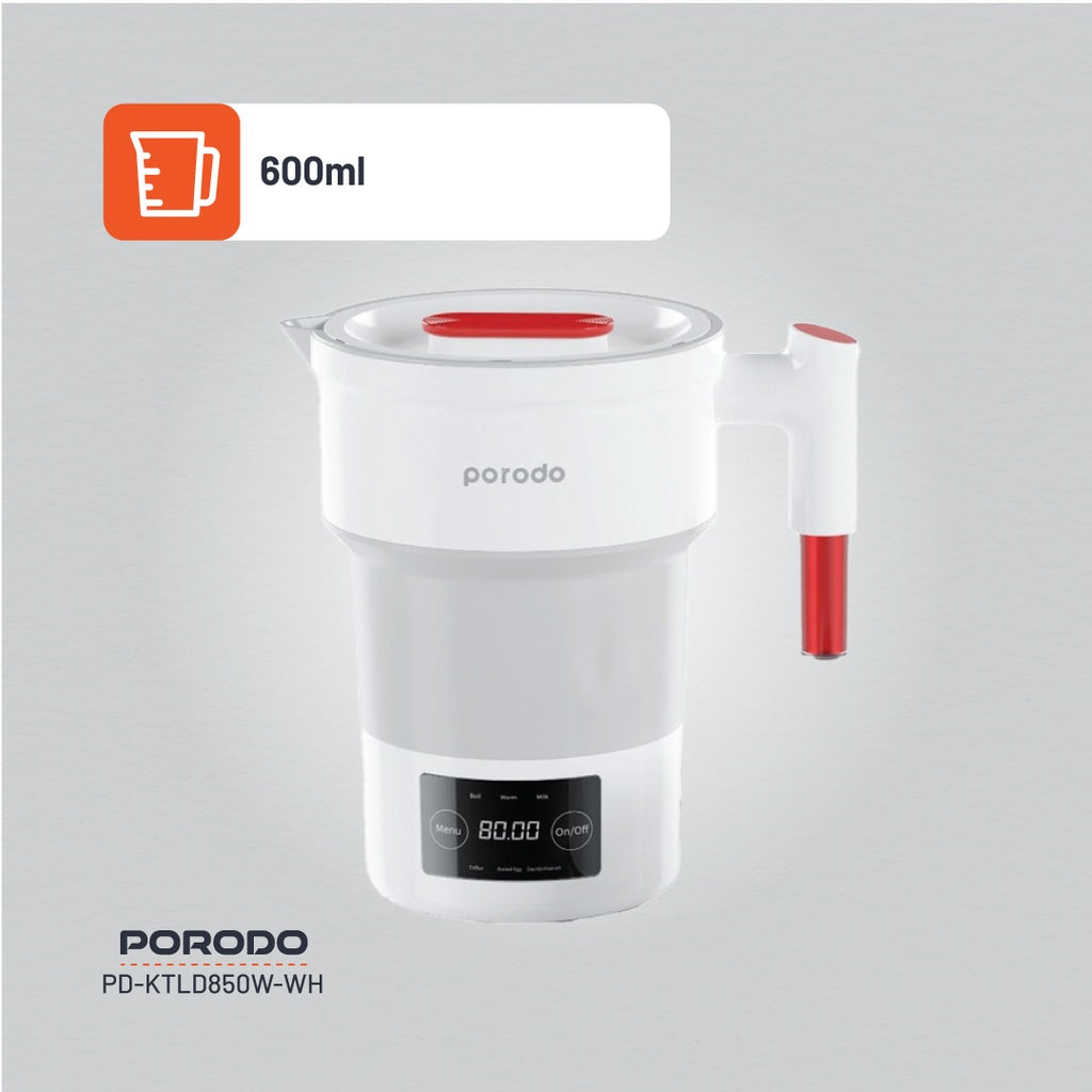 بورودو غلاية كهربائية محمولة وقابلة للطي بسعة 600 مل وقدرة 850 واط - ابيض | Porodo Lifestyle 600ml Portable and Foldable Electric Kettle 850W – White.