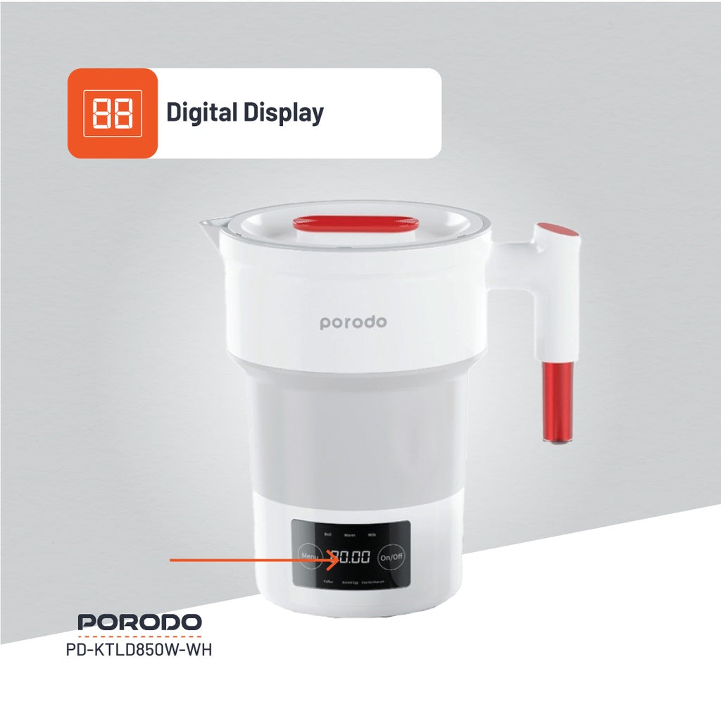 بورودو غلاية كهربائية محمولة وقابلة للطي بسعة 600 مل وقدرة 850 واط - ابيض | Porodo Lifestyle 600ml Portable and Foldable Electric Kettle 850W – White.