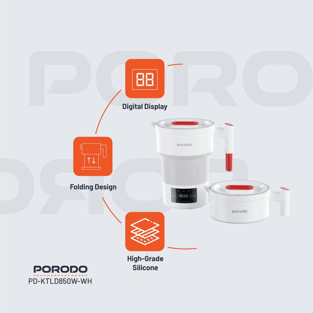 بورودو غلاية كهربائية محمولة وقابلة للطي بسعة 600 مل وقدرة 850 واط - ابيض | Porodo Lifestyle 600ml Portable and Foldable Electric Kettle 850W – White.