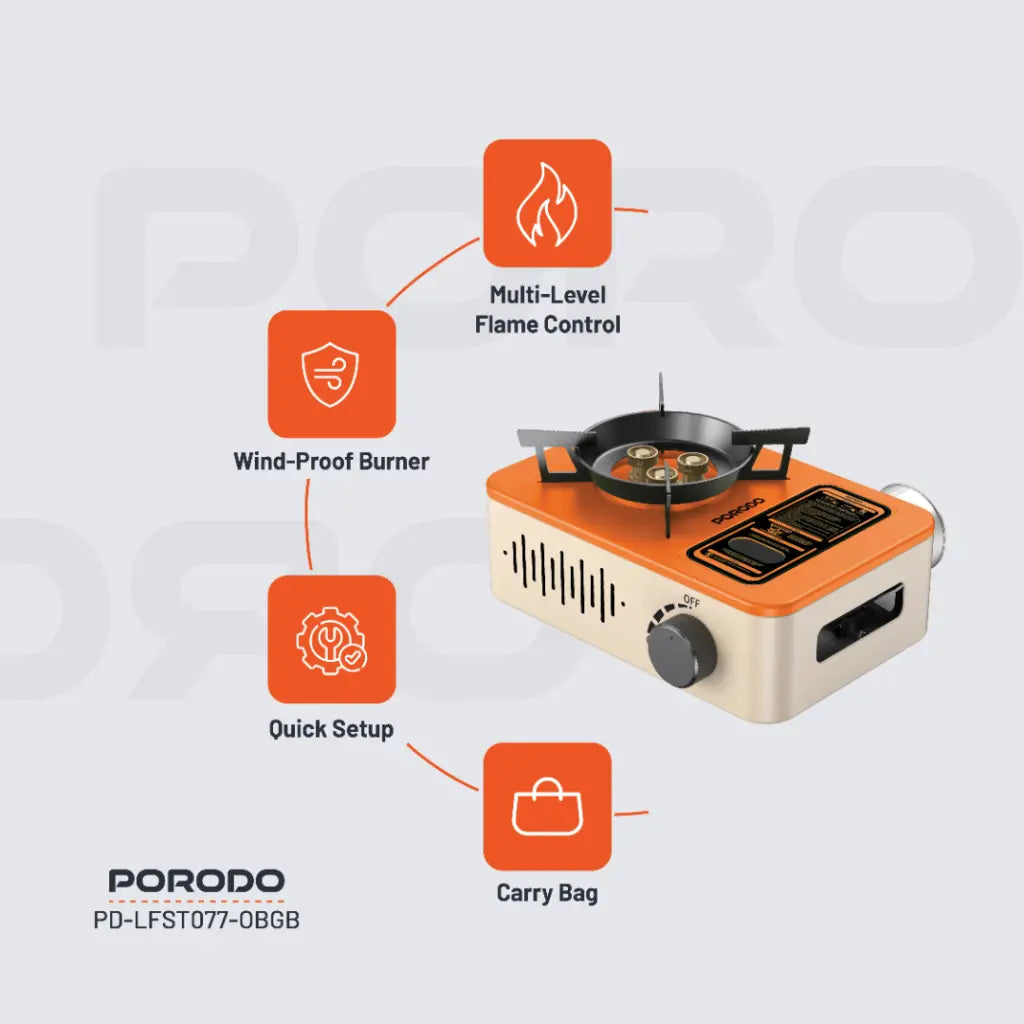 طباخ غازي محمول بقدرة 3200 واط من بورودو لايف ستايل - برتقالي/بيجي | Porodo Lifestyle 3200W Portable Burner Gas Stove - Orange/Beige