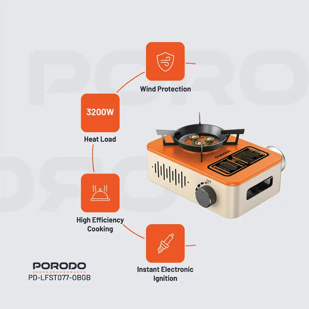 طباخ غازي محمول بقدرة 3200 واط من بورودو لايف ستايل - برتقالي/بيجي | Porodo Lifestyle 3200W Portable Burner Gas Stove - Orange/Beige