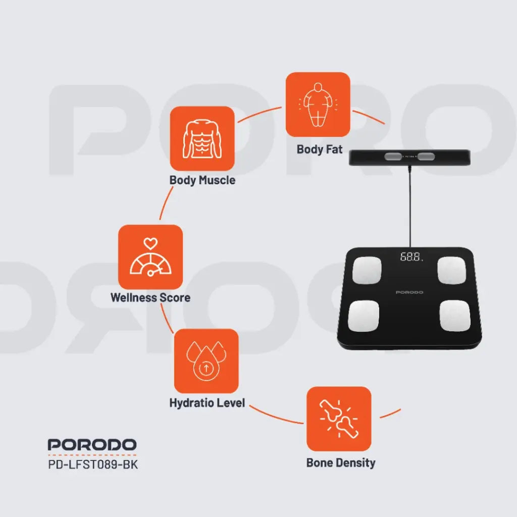 ميزان ذكي بتحليل دقيق من بورودو لايف ستايل - اسود | Porodo Lifestyle Precise Analysis Smart Scale - Black
